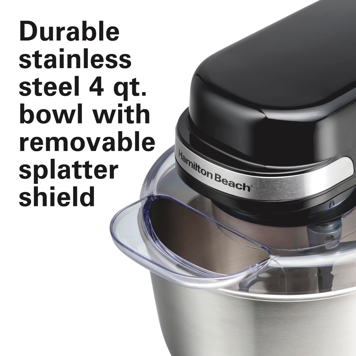 Splash shield attached to Hamilton Beach mixer for cleaner countertops.