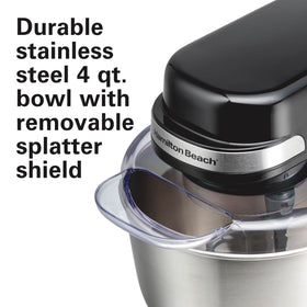 Splash shield attached to Hamilton Beach mixer for cleaner countertops.