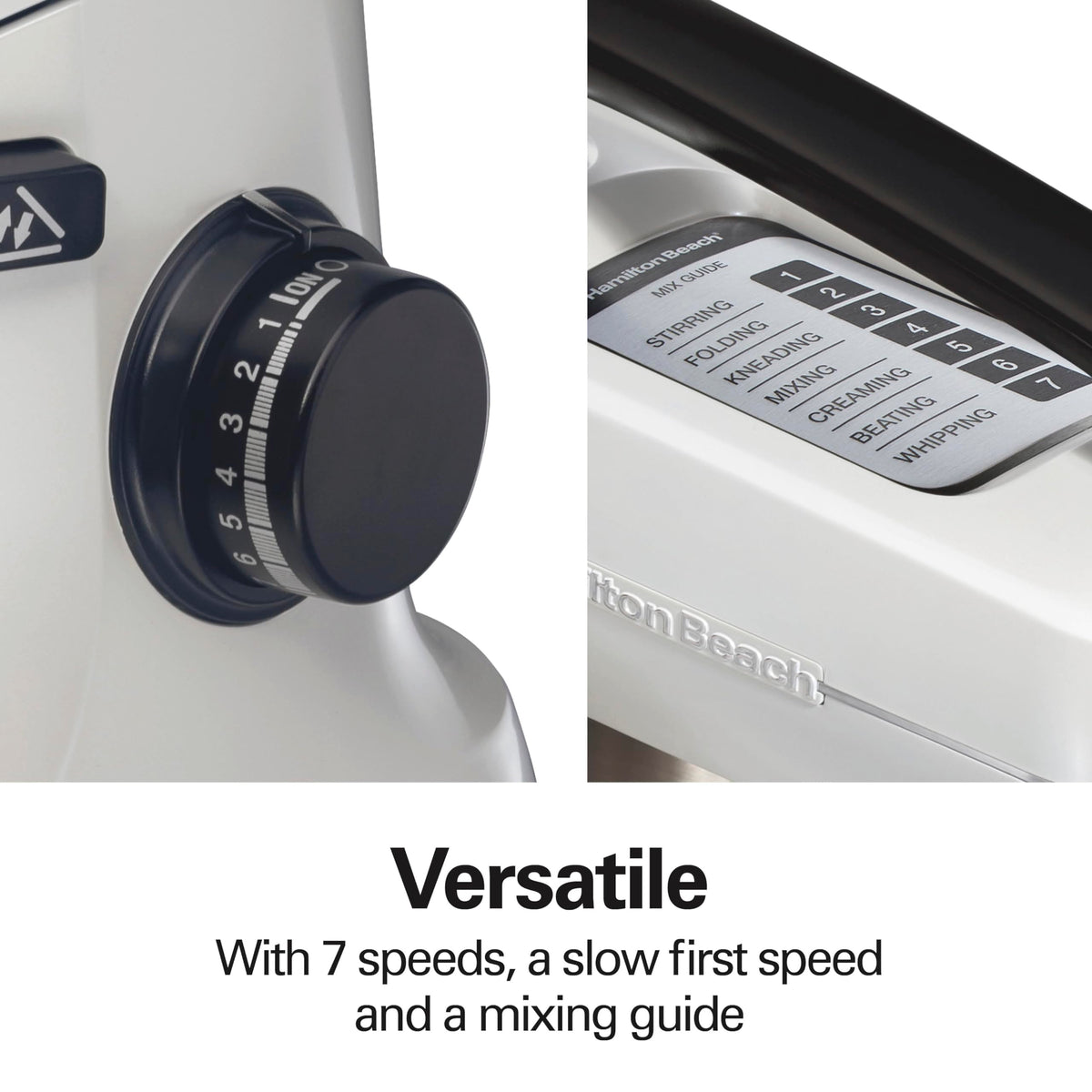 Hamilton Beach stand mixer splash guard reduces splatter while mixing.
