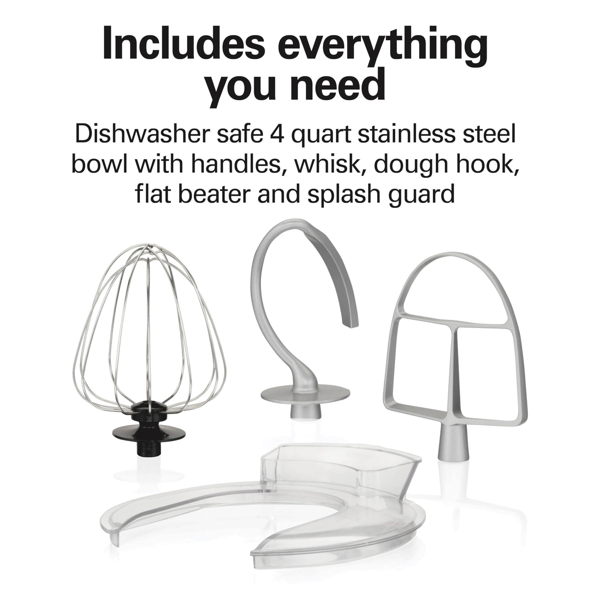 Splash guard reduces splatter during wet and dry mix.