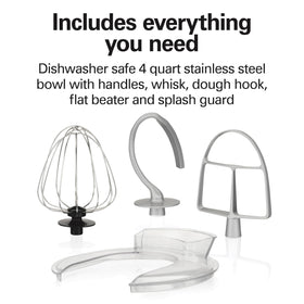 Splash guard reduces splatter during wet and dry mix.