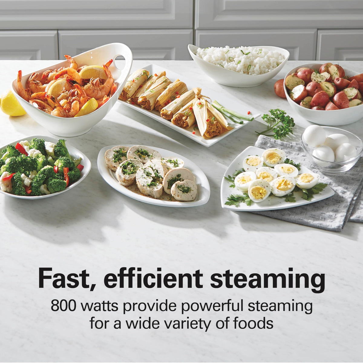 Hamilton Beach steamer operates at 800 watts for fast, thorough steaming