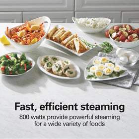 Hamilton Beach steamer operates at 800 watts for fast, thorough steaming