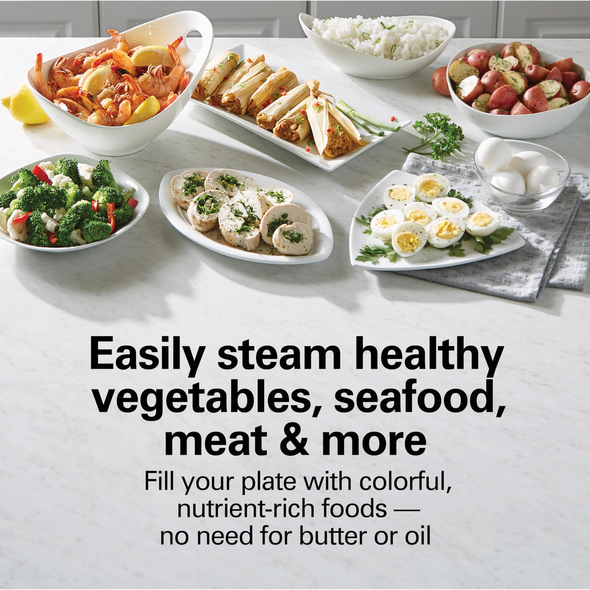 Hamilton Beach steamer with two-tier bowls allows cooking multiple foods at once