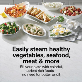 Hamilton Beach steamer with two-tier bowls allows cooking multiple foods at once