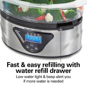 Chopped vegetables like corn and broccoli fit neatly in Hamilton Beach steamer