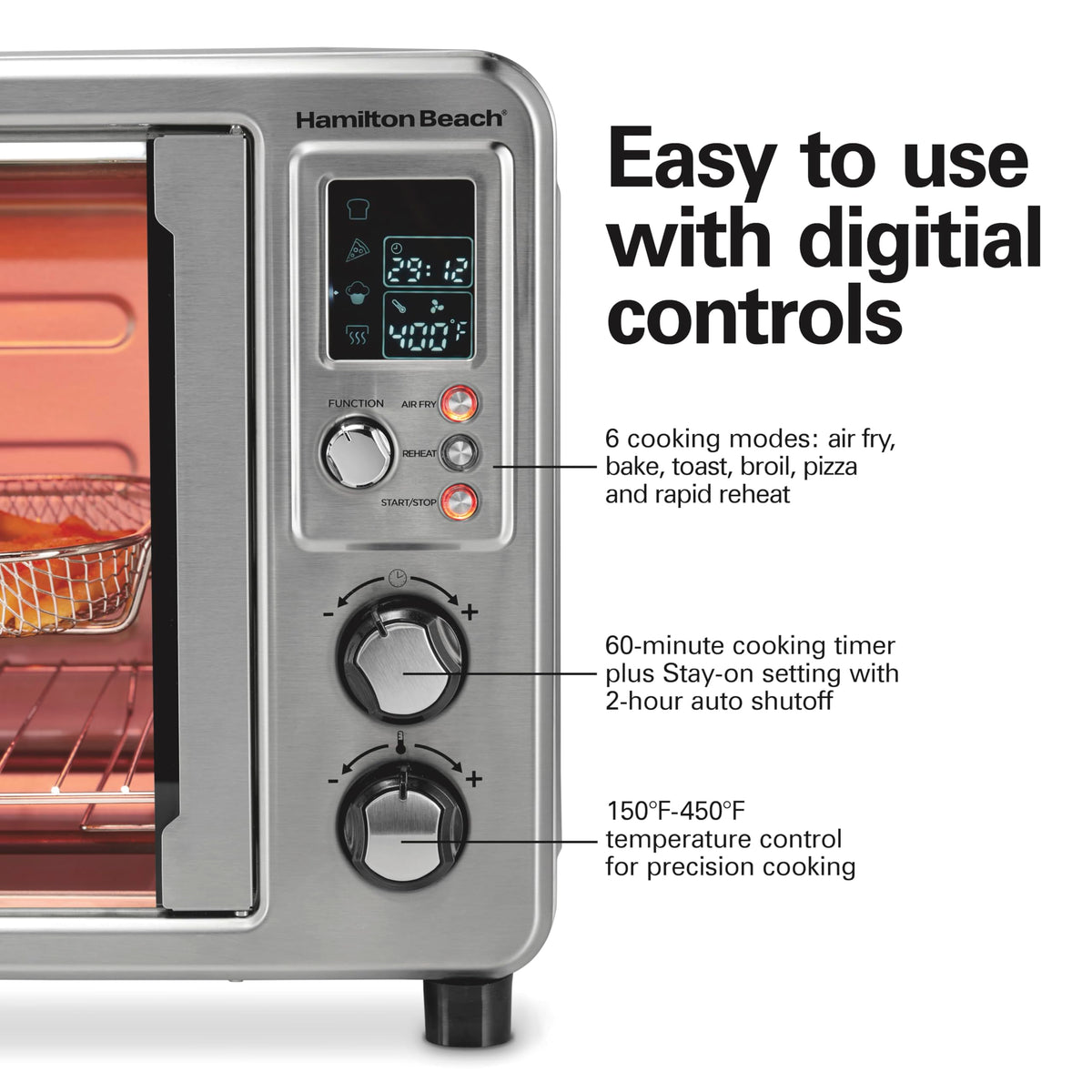 The large capacity fits a whole chicken or a 12-inch pizza