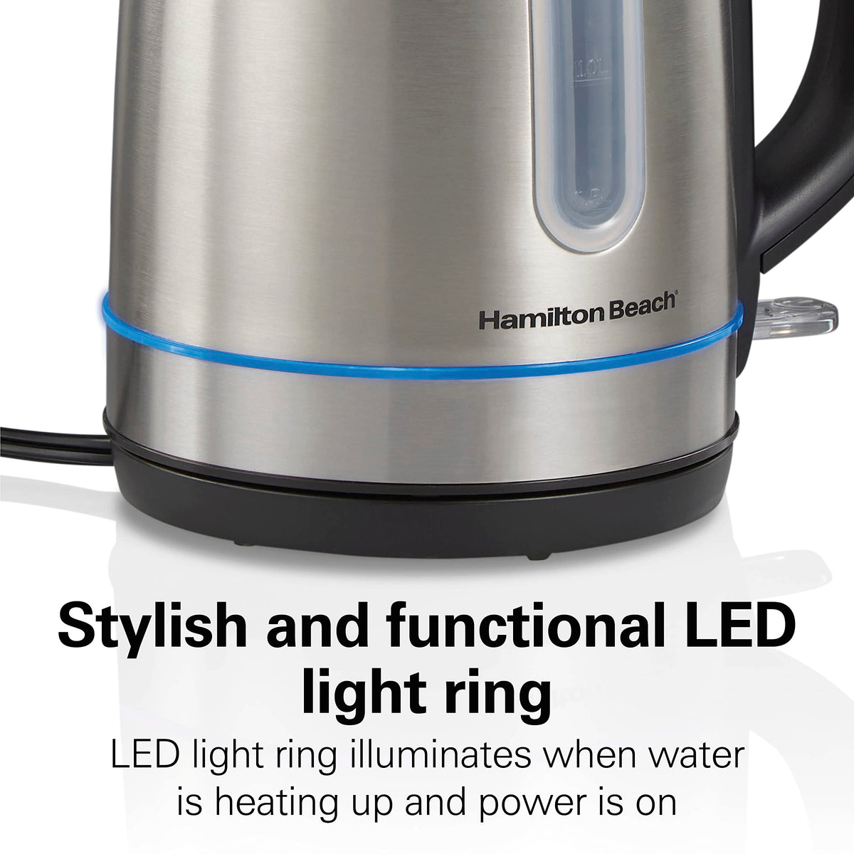 Hamilton Beach kettle shows water level in the window for accurate filling.