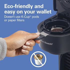 Adjustable cup stand fits eight-ounce cups and fourteen-ounce travel mugs.