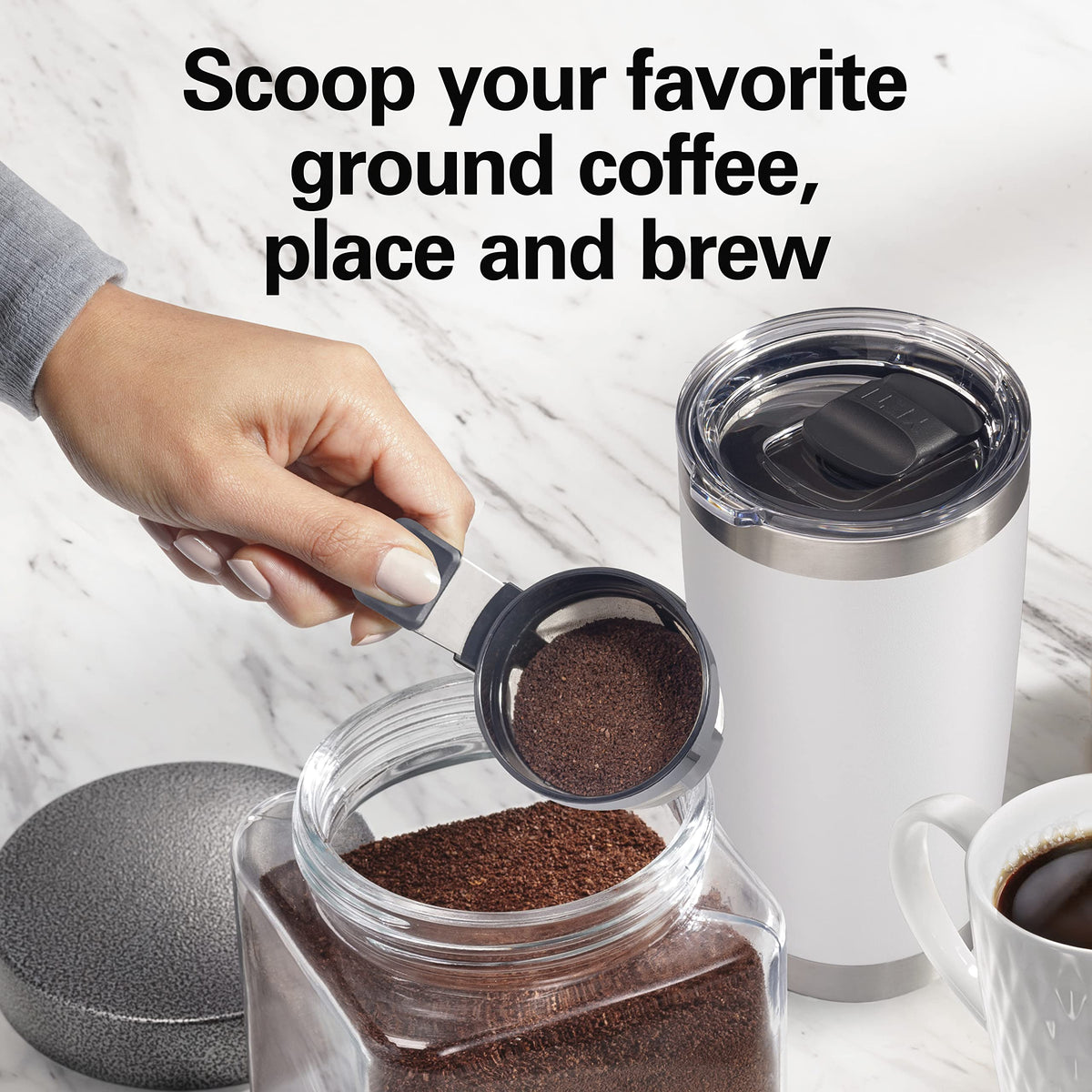 The Scoop's permanent filter reduces waste and eliminates need for disposable filters.