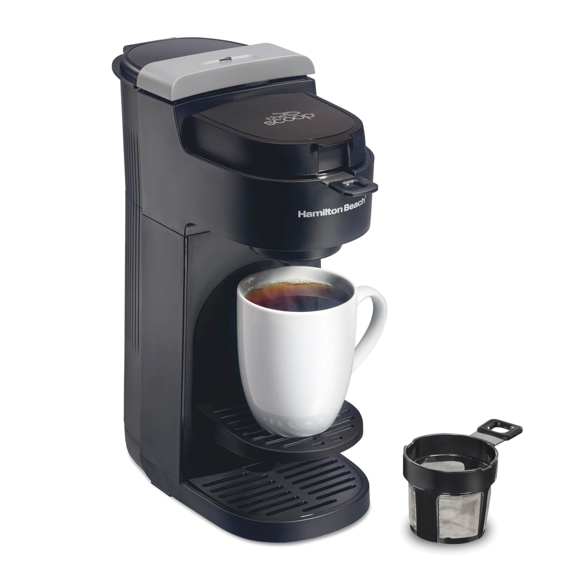 Hamilton Beach The Scoop with integrated coffee scoop brews an eight-ounce cup quickly.