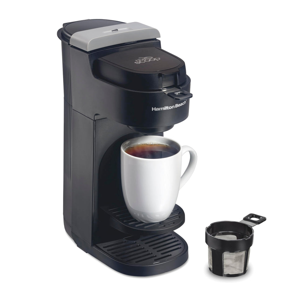 Hamilton Beach The Scoop with integrated coffee scoop brews an eight-ounce cup quickly.