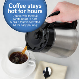 Hamilton Beach coffee maker thumb-activated lid for easy pouring.