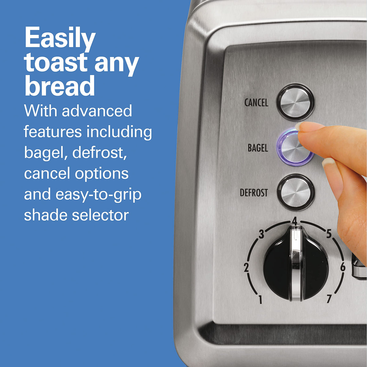 Hamilton Beach toaster bagel setting delivers crisp, even toasting for bagels.