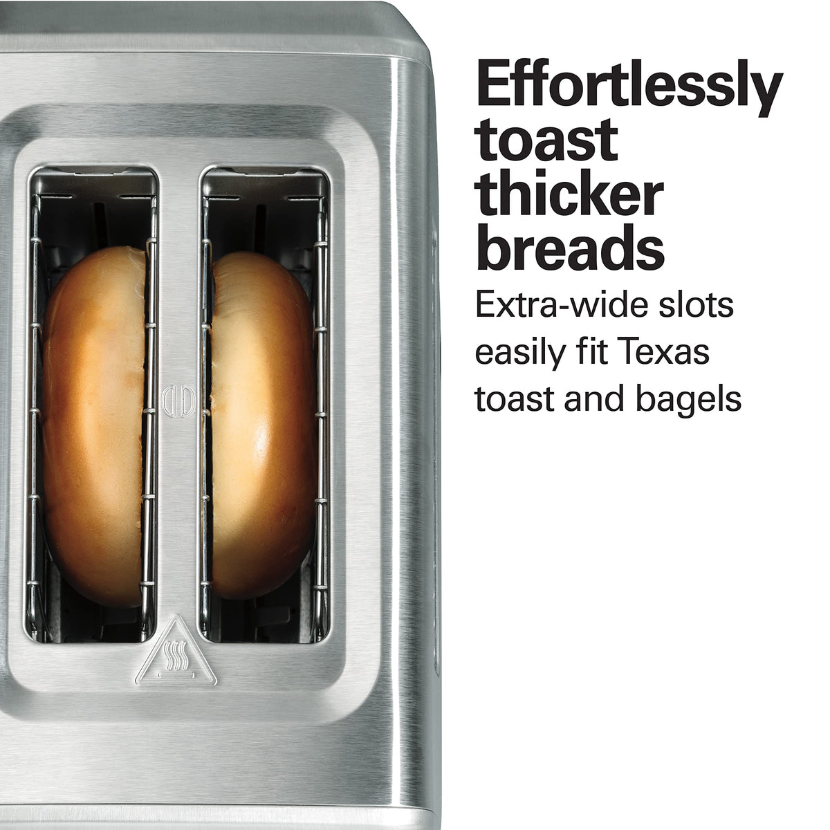 Hamilton Beach toaster defrost function evenly warms frozen bagels and breads.