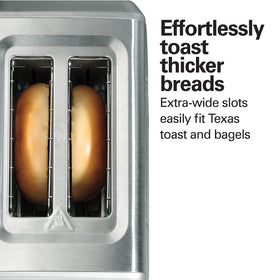 Hamilton Beach toaster defrost function evenly warms frozen bagels and breads.