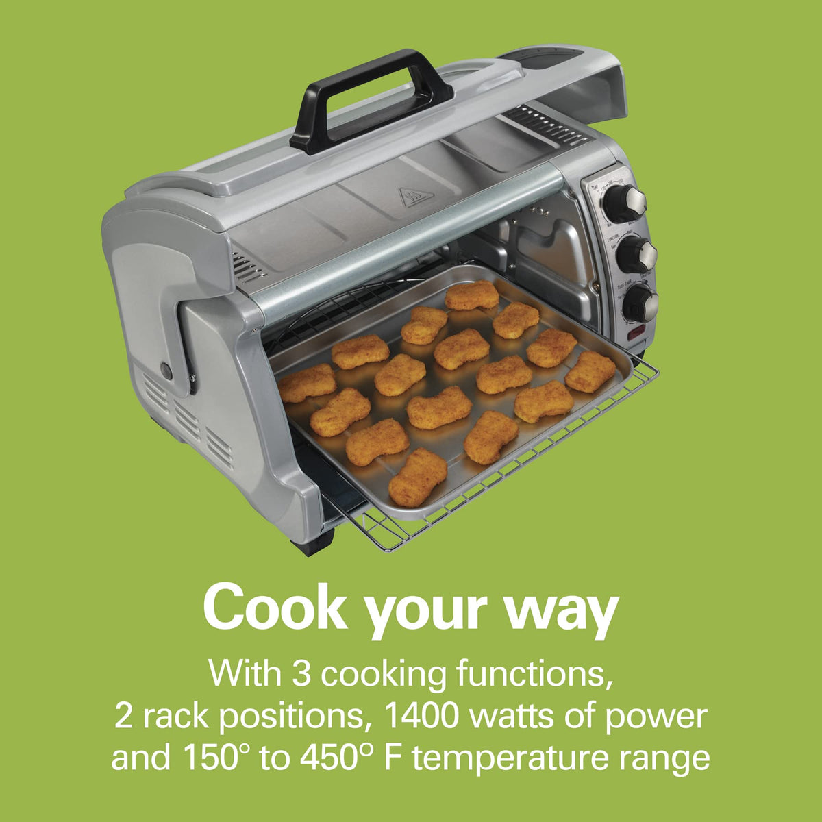 Hamilton Beach baking functions allow bake, broil, and toast in one unit.