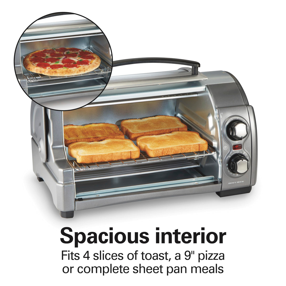 Hamilton Beach toaster oven offers bake, broil, and toast for versatile cooking.