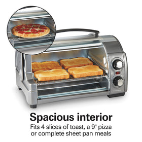 Hamilton Beach toaster oven offers bake, broil, and toast for versatile cooking.