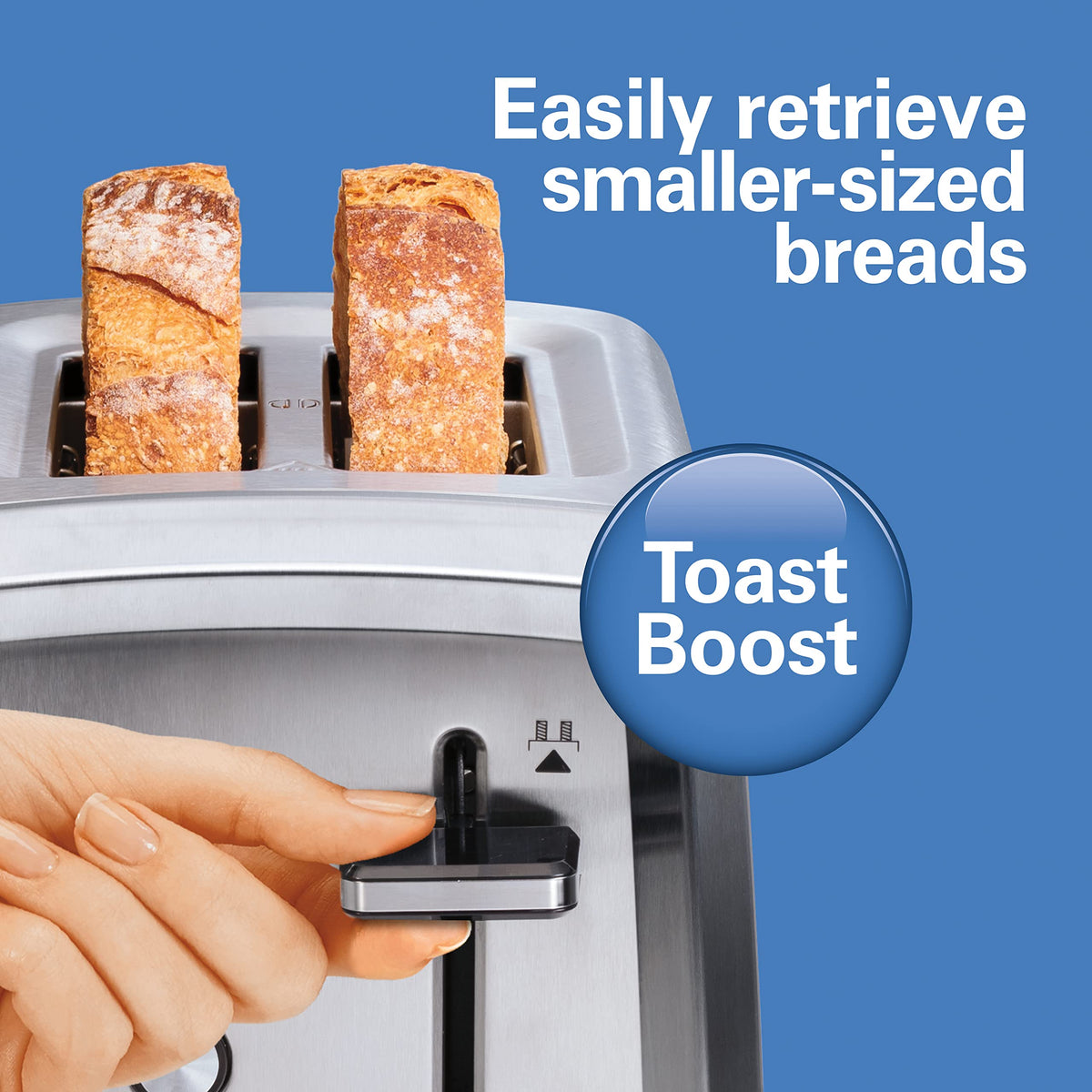 Hamilton Beach slide-out crumb tray keeps counters cleaner during everyday toasting.