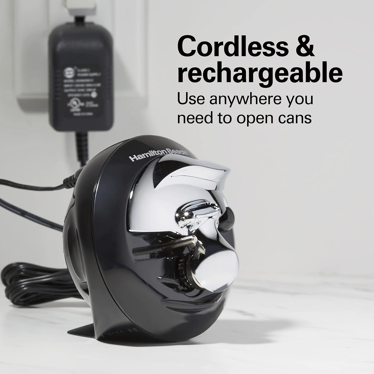 Hamilton Beach Walk 'n Cut operates hands-free for effortless opening.