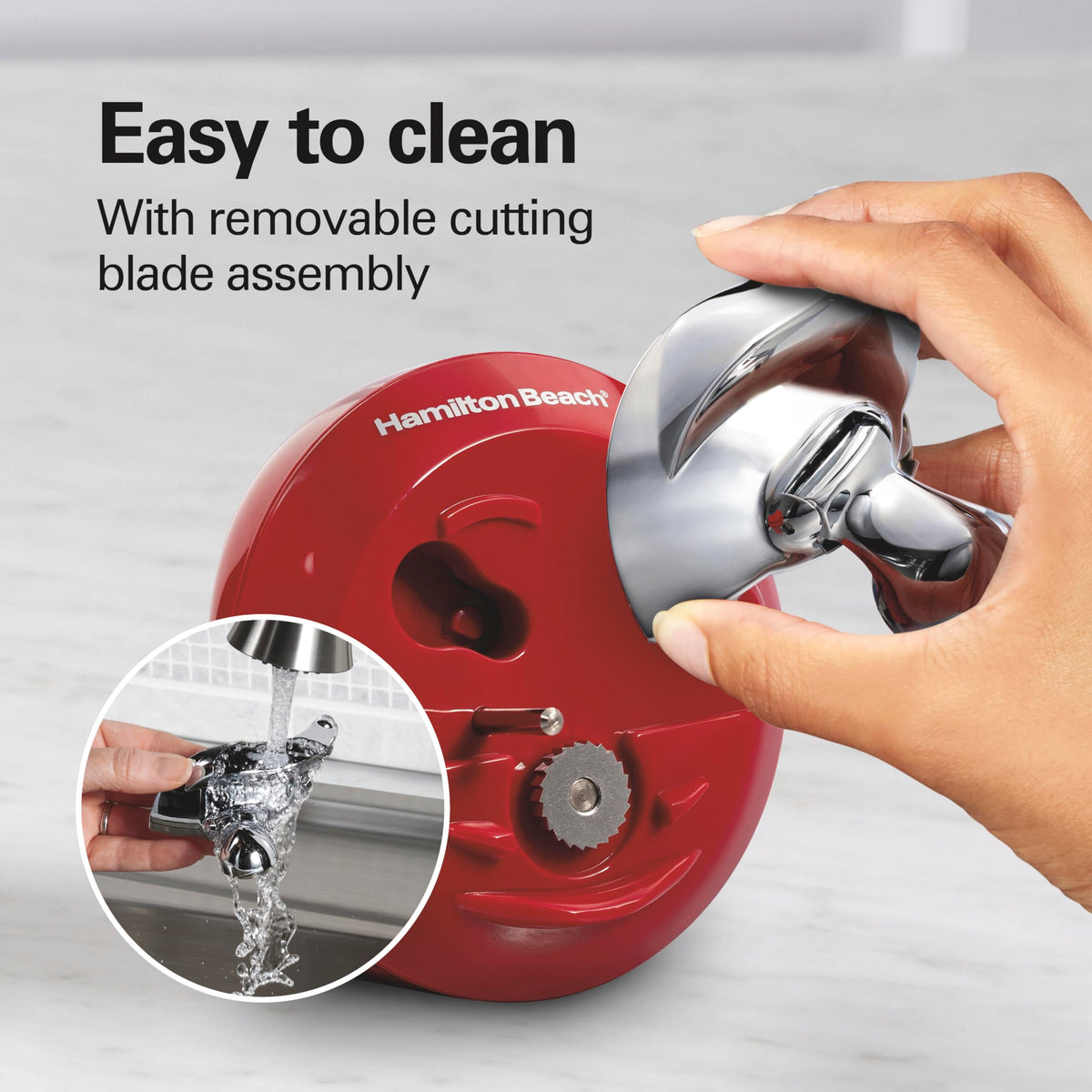 Hamilton Beach Walk 'n Cut showing magnetic lid holder during operation