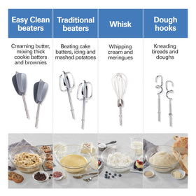 Whisk and beaters attach and eject easily for quick recipe changes.