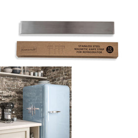 Hamletoff 12in knife strip on fridge with strong magnets for easy access.