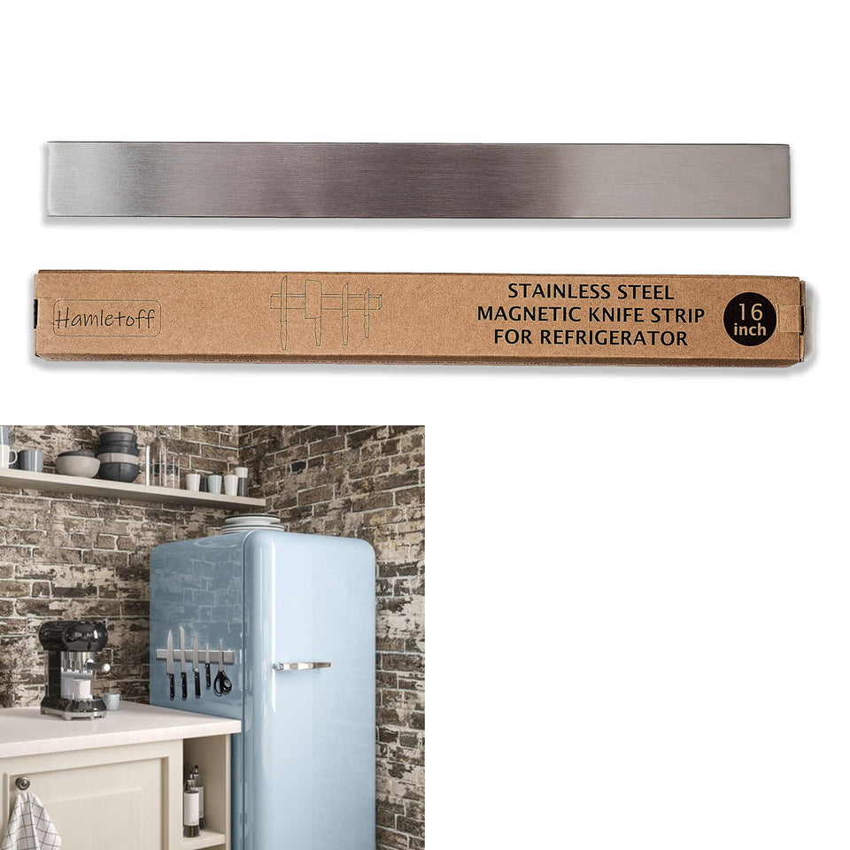 Hamletoff fridge knife strip securely holds knives on the refrigerator for quick access.