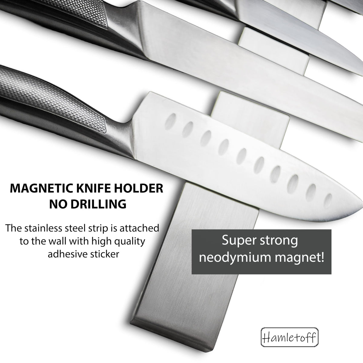 Hamletoff neodymium magnet section emphasizes strong, secure knife hold.