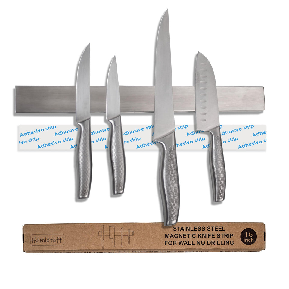 Hamletoff premium magnetic knife strip in a kitchen, keeping blades organized and accessible