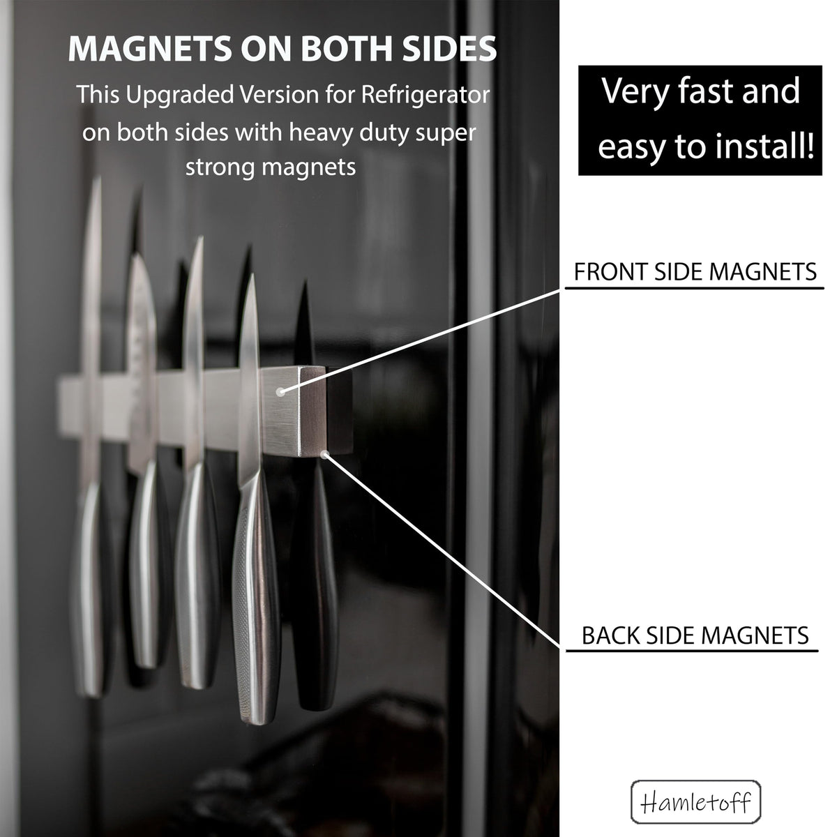 Stainless steel Hamletoff magnetic knife strip mounted on wall for clutter-free counters.