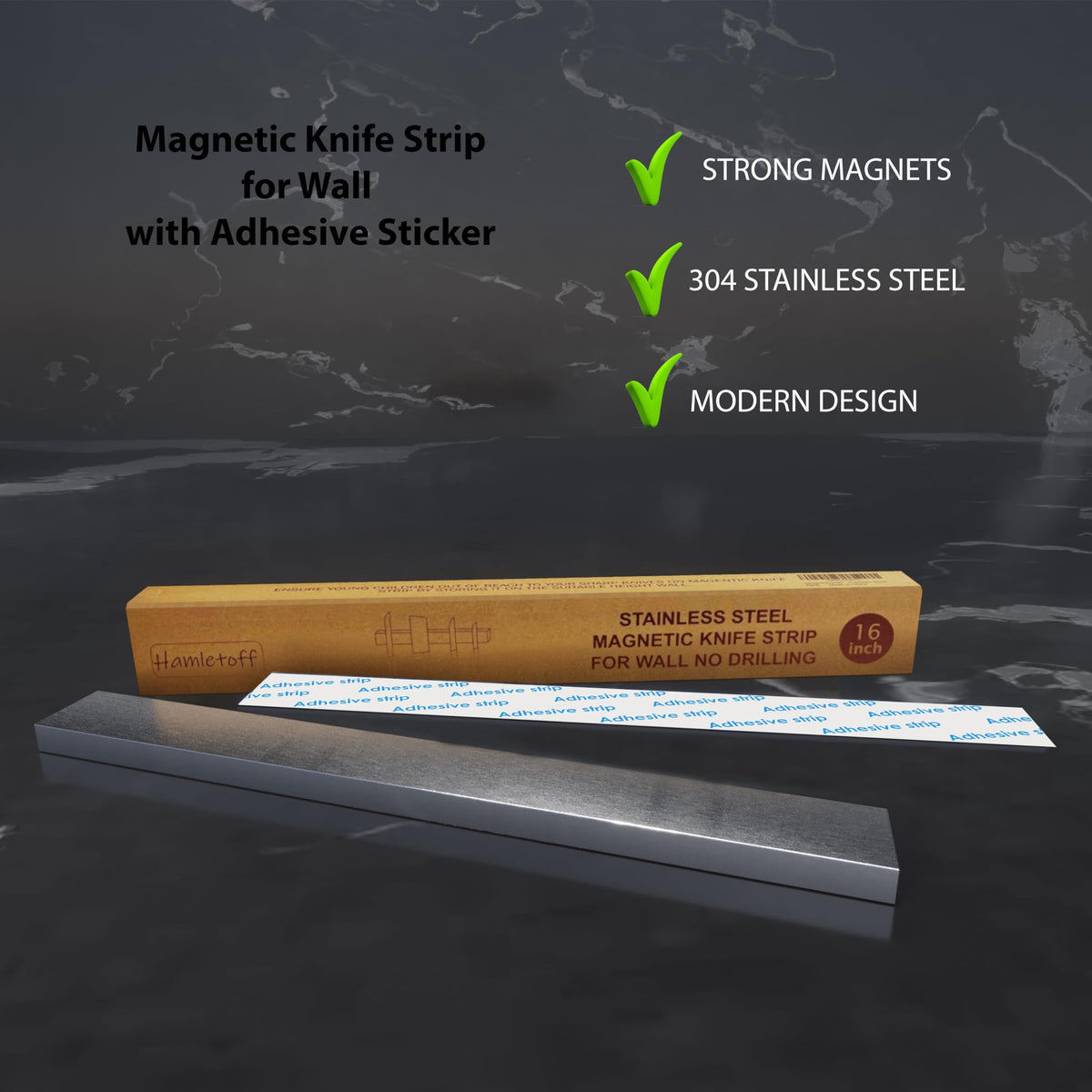 Hamletoff strong magnet holding a chef knife securely on the strip