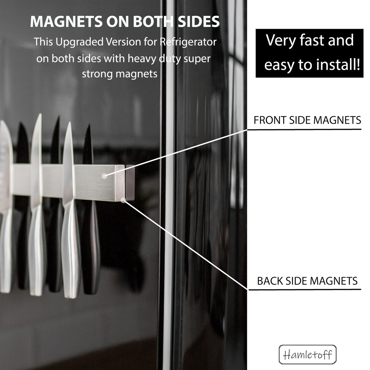 Hamletoff wall-mount knife strip mounted on smooth wall for organized kitchen storage.