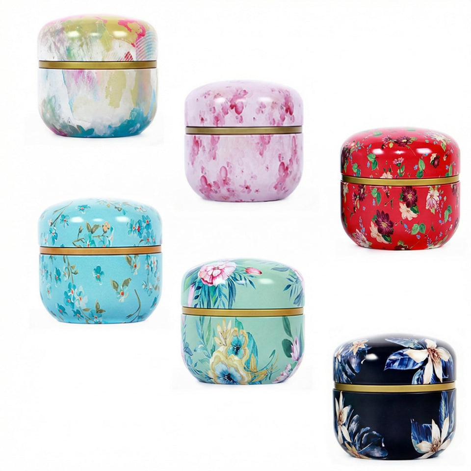 HAN SHENG 6pc tea tins front view with floral embossing and airtight sealing.