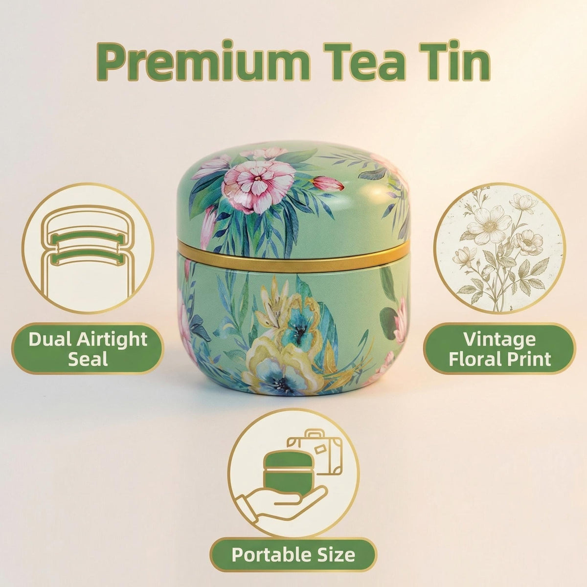 HAN SHENG 6pc tea tins lid close-up showing decorative pattern and freshness seal.