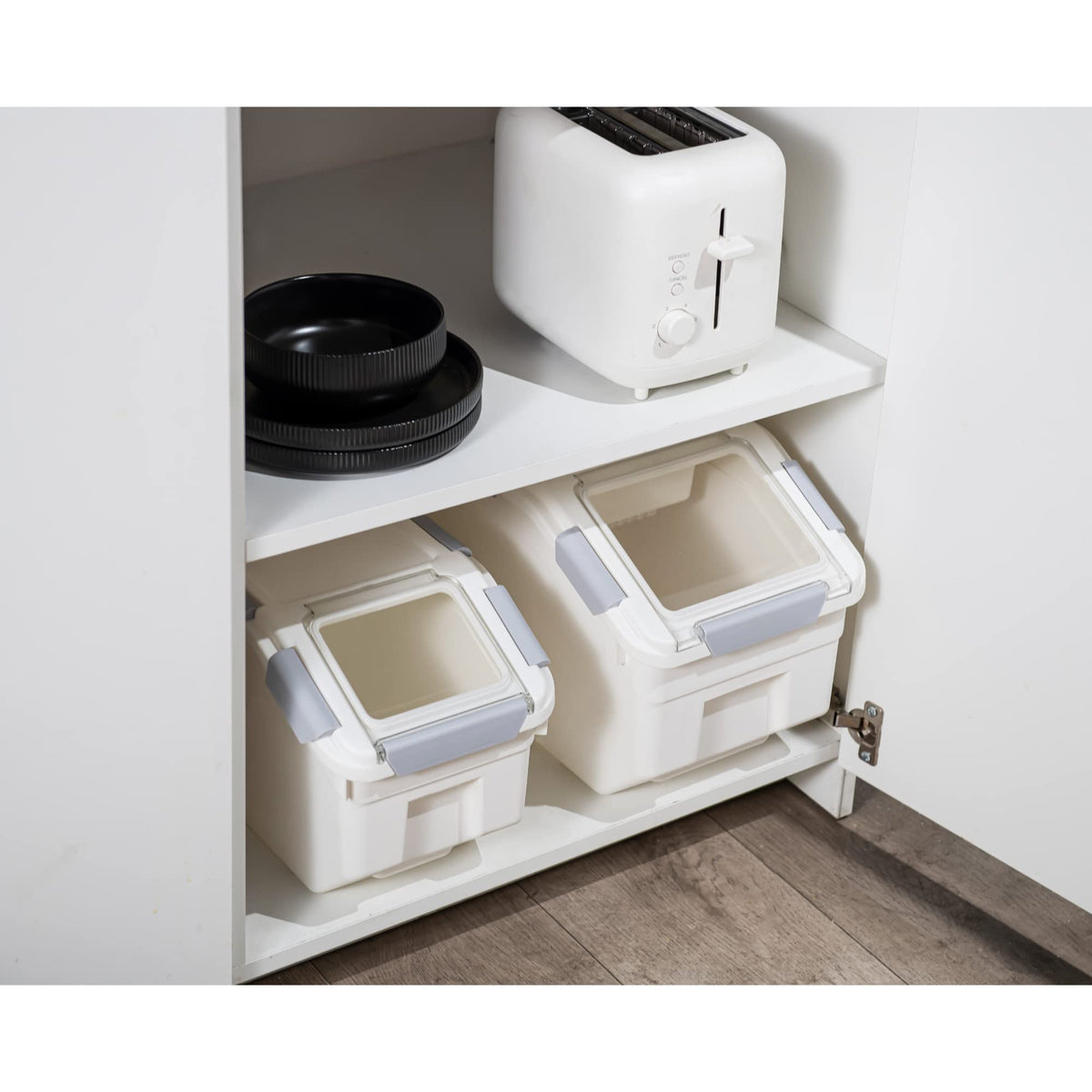 Hanamya container with handle and wheels for easy relocation in the pantry.