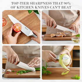 Hancorys 8-inch serrated bread knife eases crusty loaf slicing.