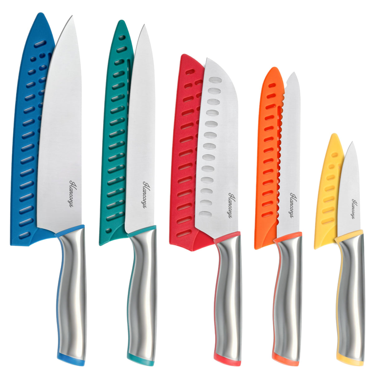 Hancorys 11-piece knife set full view with guards for safe storage