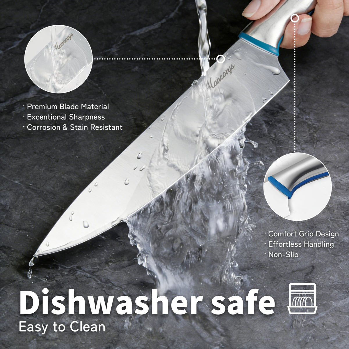 Heat-treated blades of Hancorys set offer rust resistance in kitchen use