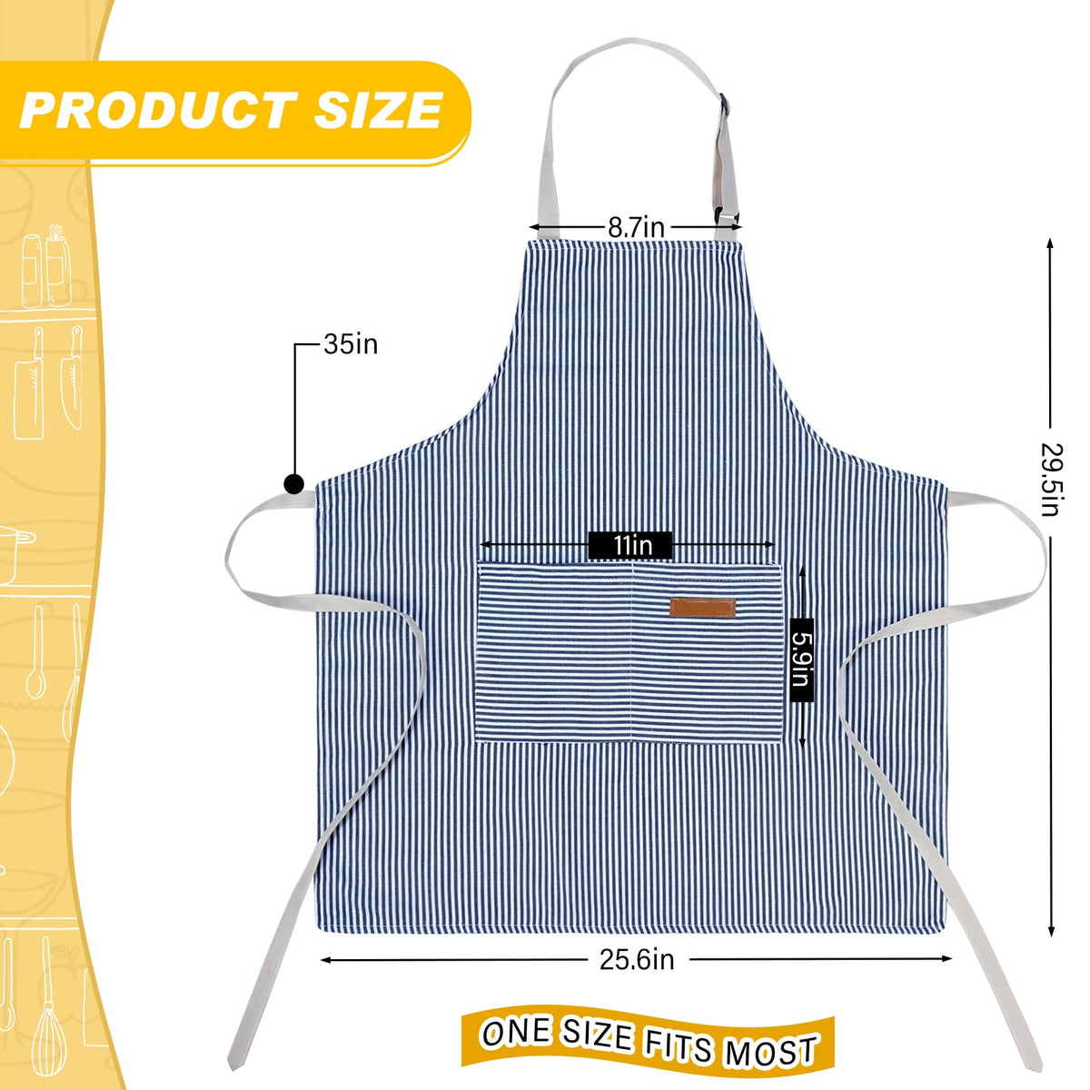 Handepo black striped apron with roomy pockets for grilling and serving.
