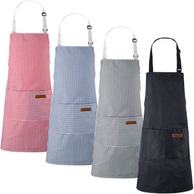 Handepo blue striped apron with pockets for easy utensil storage while cooking.
