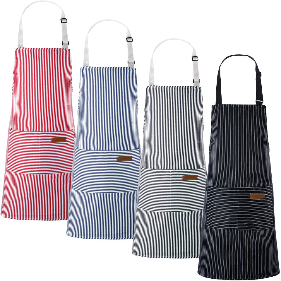 Handepo blue striped apron with pockets for easy utensil storage while cooking.