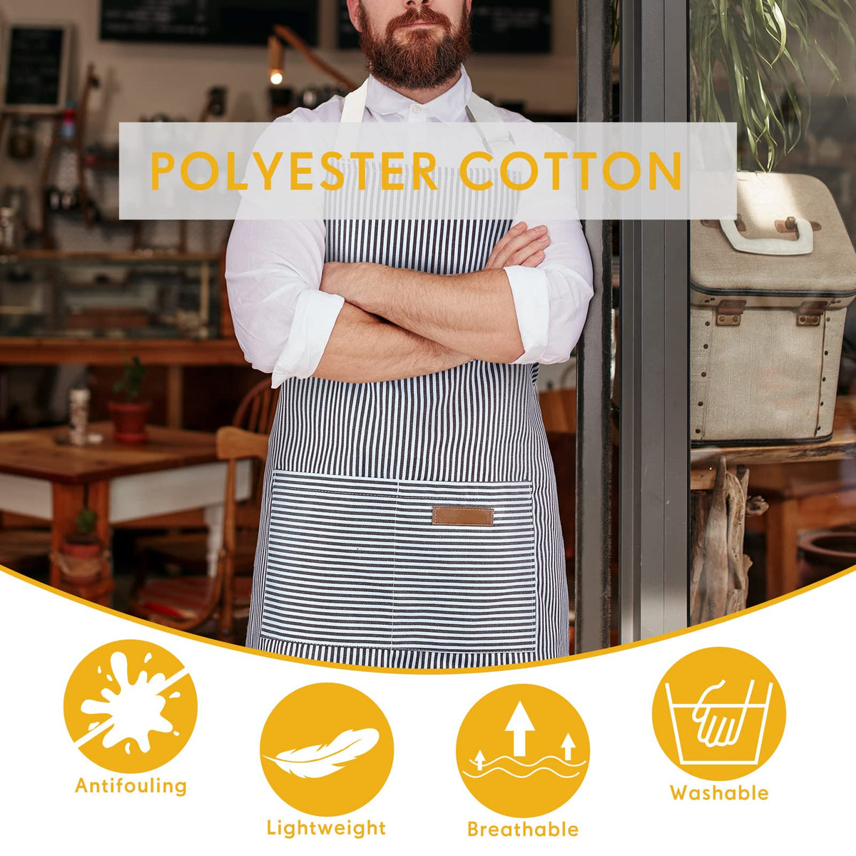 Handepo gray striped apron with adjustable neck strap for comfort.