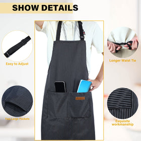 Handepo pink striped apron with large pockets for baking tools.
