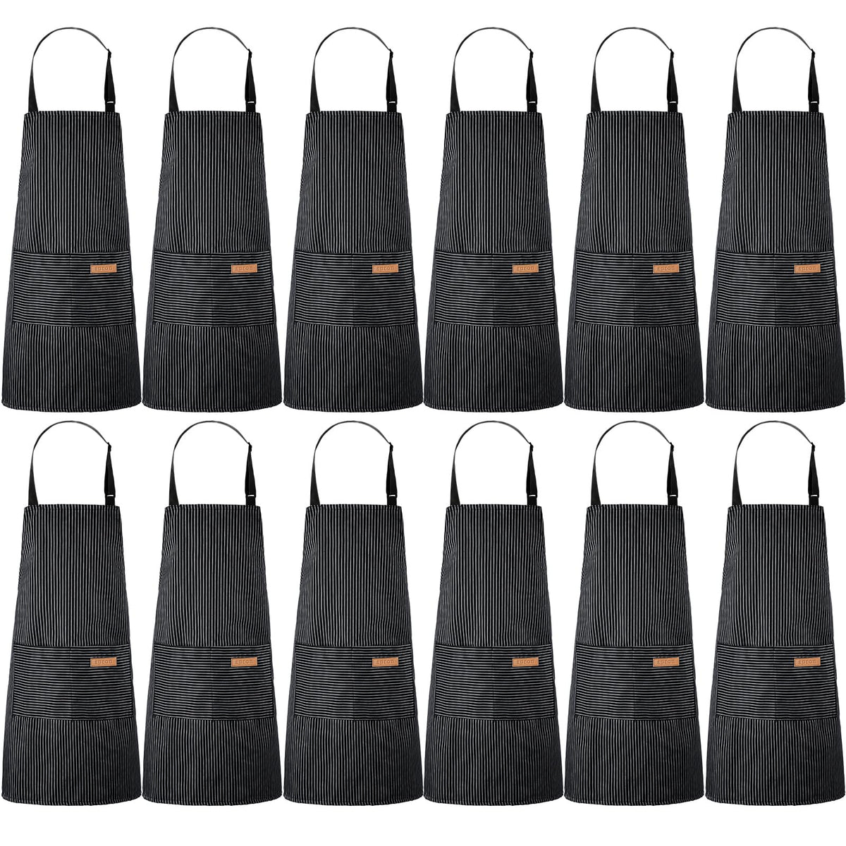 Handepo striped black apron front view with stylish design and practical pockets.