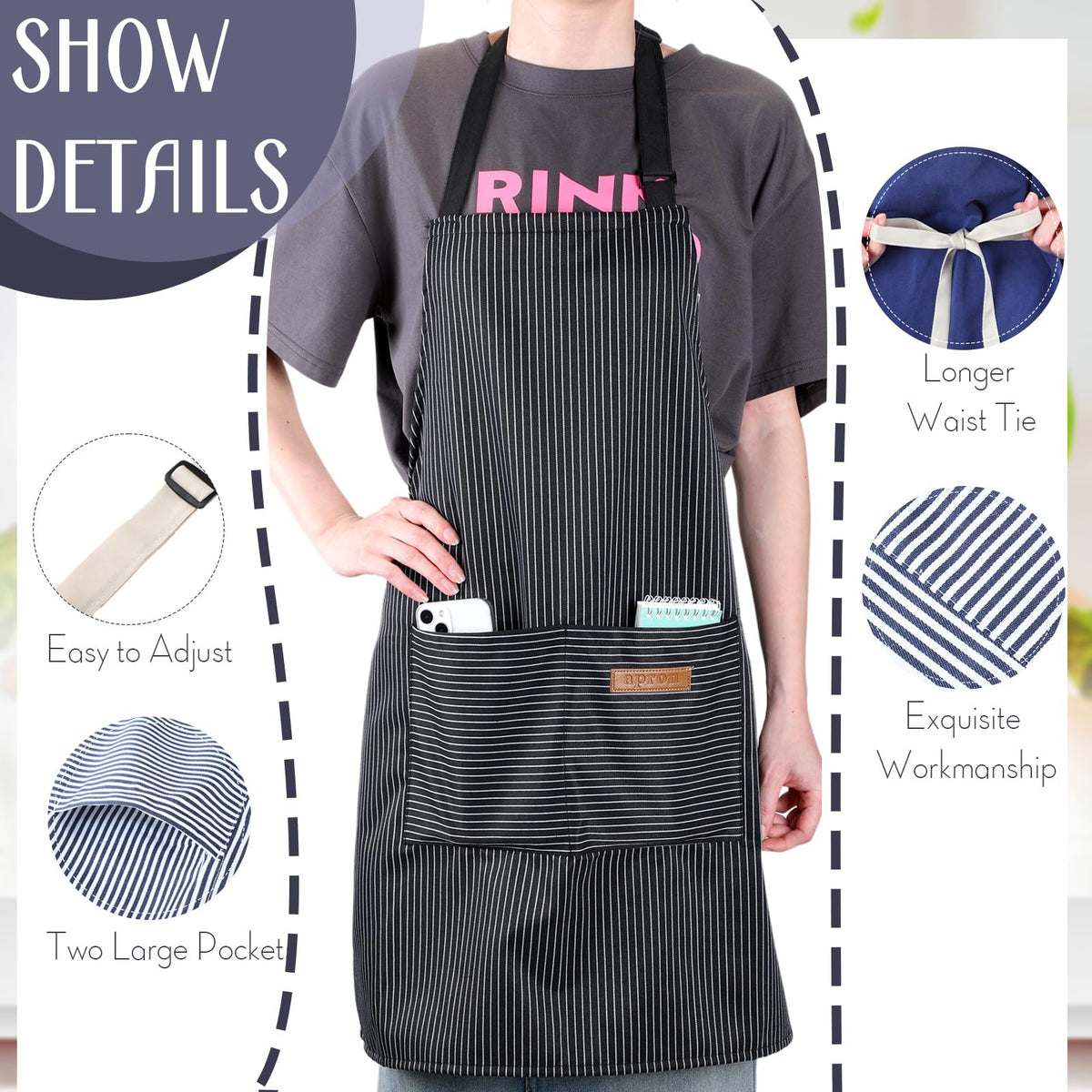 Handepo striped black apron close-up showing adjustable neck strap.
