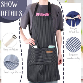 Handepo striped black apron close-up showing adjustable neck strap.