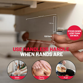 The Handless Handle close-up adhesive backing highlights renter-friendly, no-damage installation.