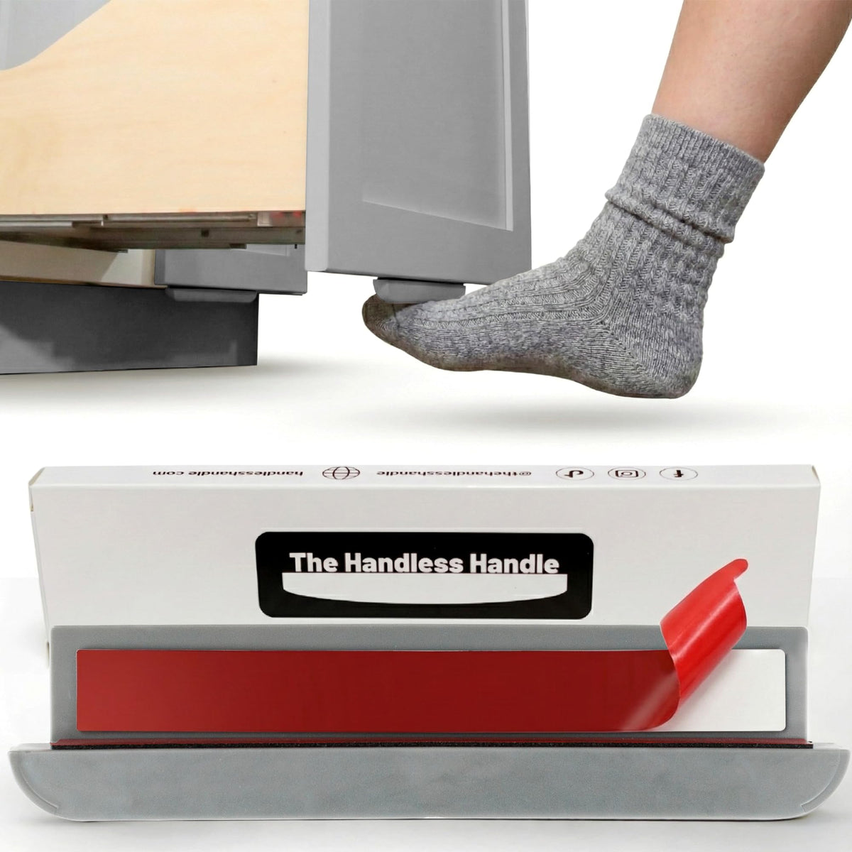 The Handless Handle gray side view demonstrates hands-free waste access.